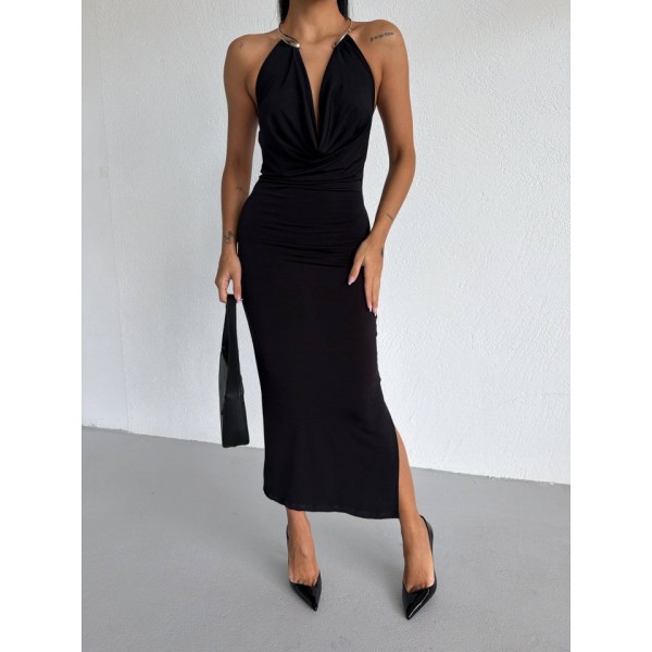 Kadın Boyun Aksesuarlı Halter Yaka Maxi Boy Sandy Kumaş Elbise