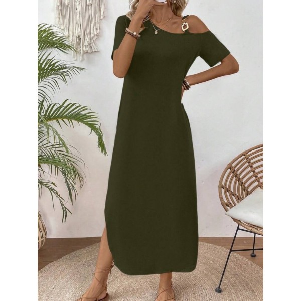 Kadın Tek Omuzdan Açık Toka Detaylı Yandan Yırtmaçlı Maksi Boy Viskon Elbise