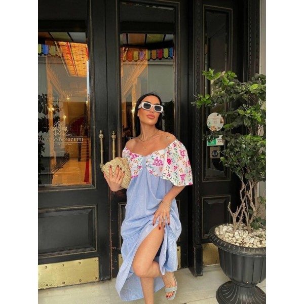 RENKLİ NAKIŞ DESENLİ ELBİSE - Mavi