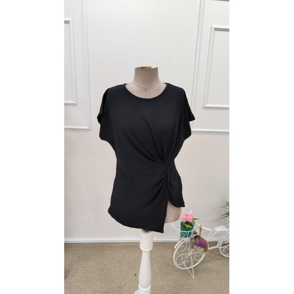 Kadın Kısa Kollu Yuvarlak Yakalı Yandan Sarmal Detaylı Bürümcük Bluz