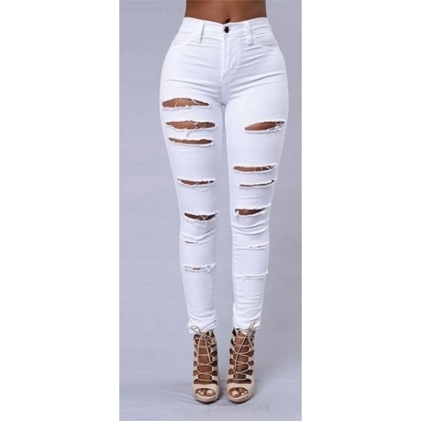 Kadın Yüksek Bel Lazer Yırtık Desenli Kot Pantolon