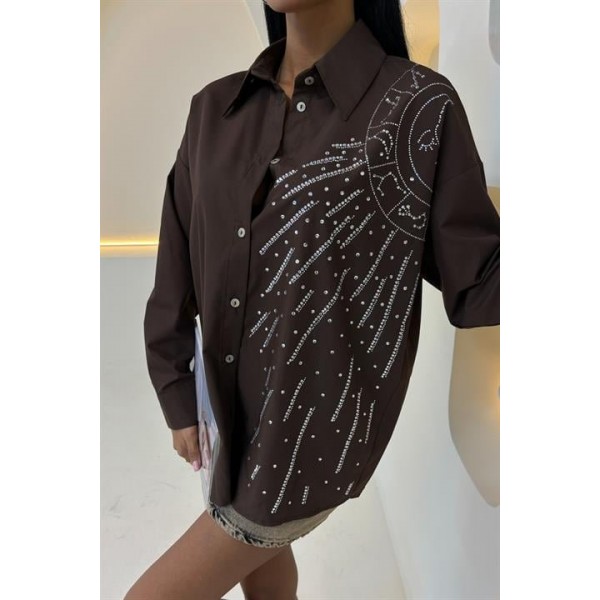 Ay Figürlü Taş İşlemeli Poplin Gömlek 3440