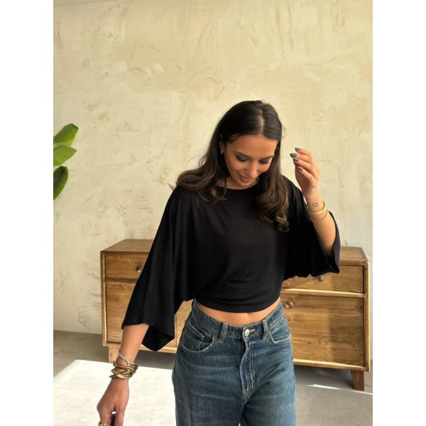 Kadın Kayık Yaka Yarasa Kol Dökümlü Kısa Bluz