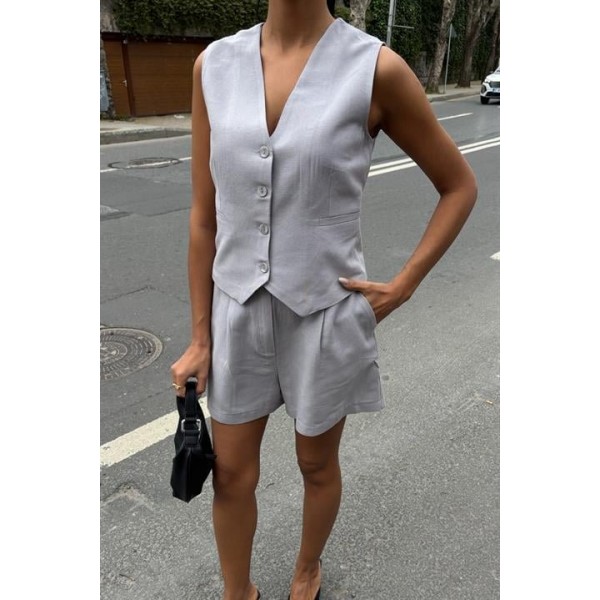 Yelek Şort Flamlı Keten Takım 10133-17