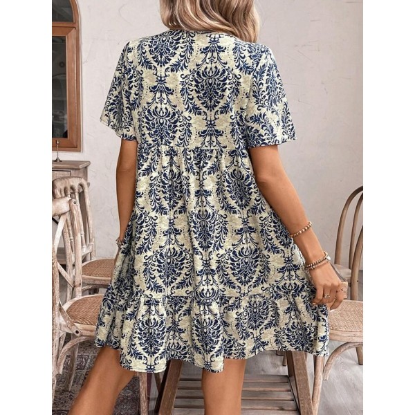 Kadın Kısa Kollu Yakadan Bağcıklı Desenli Fırfırlı Süprem Elbise