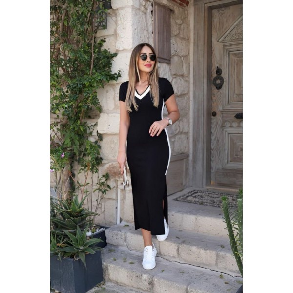 Kadın Kısa Kollu V Yakalı Yandan şerit Ve Yırtmaçlı Viskon Uzun Elbise
