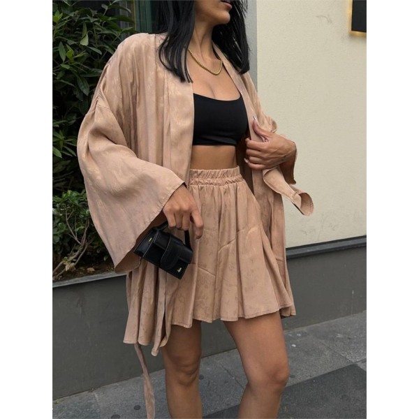 JAKARLI KİMONO - ŞORT TAKIM - Bej