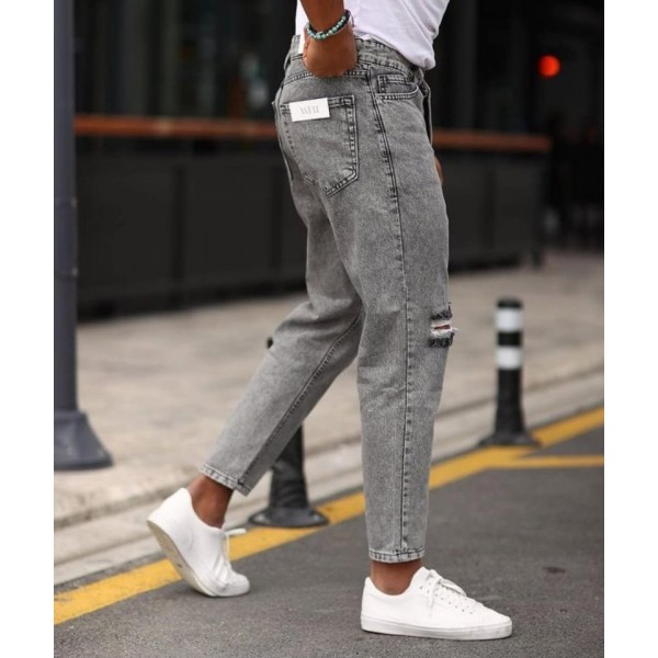 Erkek Gri Yıkama Yırtık Detaylı Boyfriend Jean