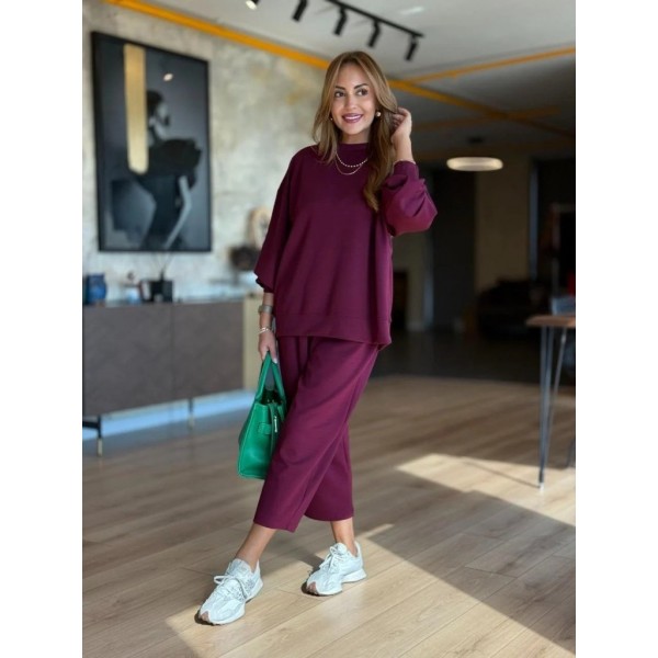 Kadın Uzun Kollu Bisiklet Yaka Viskon Iki Iplik Mor Bluz Ve Pantolon Ikili Takım