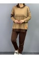 Kadın Kahve Kapşonlu Etek Ucu Detay Arma Ters Dikiş Gorunumlu Ikili Takım
