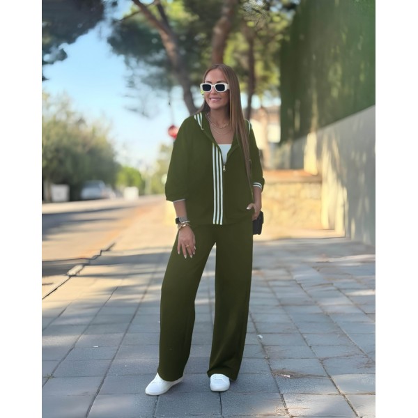 Kadın Uzun Kollu Kapşonlu Onu şerit Detaylı Fermuarlı Viskon Iki Iplik Bluz Ve Pantolon Ikili Takım