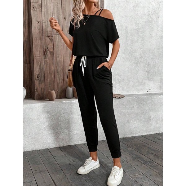 Kadın Tek Omuzdan Açık Viskon Iki Iplik Bluz Bağcıklı Pantolon Ikili Takım