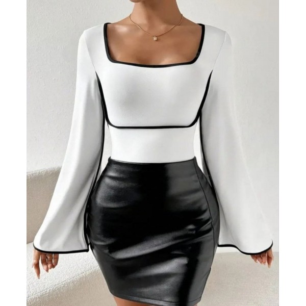 Kadın U Yaka Siyah şerit Detyalı Yarasa Kol Dalgıç Kumaş Arabiyeli Bluz