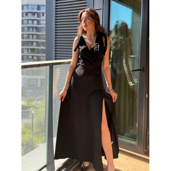 Kadın Askılı Omuzdan Bağlamalı Kruvaze Yakalı Uzun Yırtmaçlı Janjan Krep Elbise