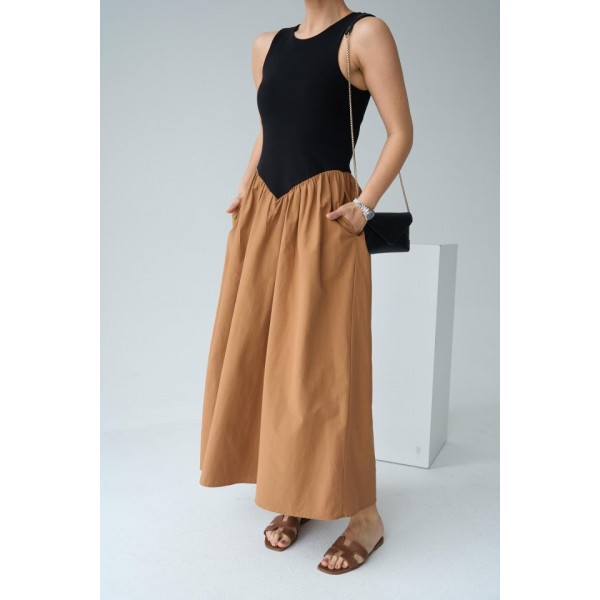 İki Renkli Elbise - Siyah-Taba