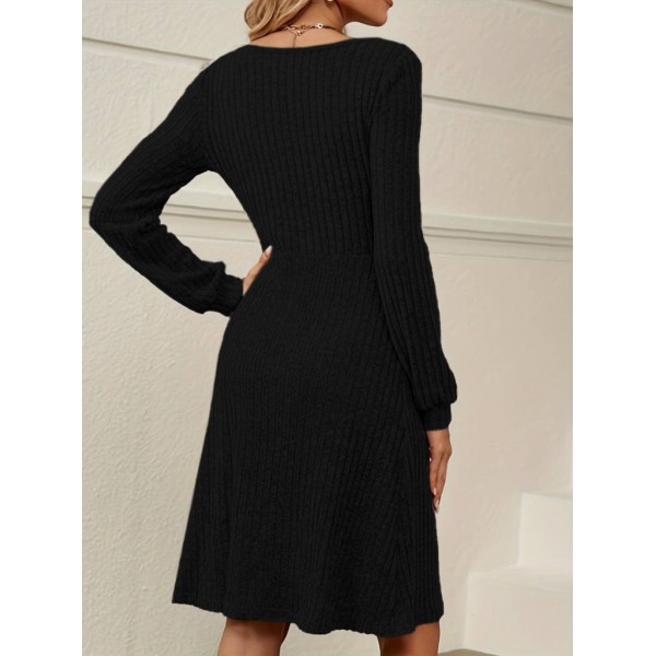 Kadın Uzun Kollu Kare Yaka Düğmeli Kısa şardonlu Iki Iplik Mini Elbise