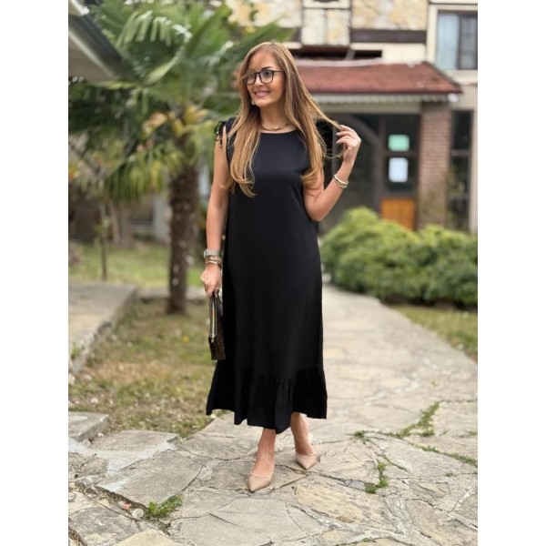 Kadın Omuzlardan Büzgülü Kayık Yaka Fırfırlı Janjan Krep Elbise