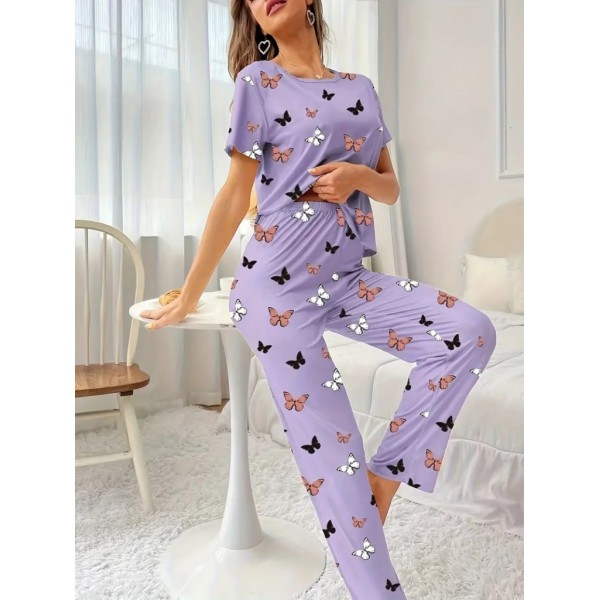 Kadın Kısa Kollu Bisiklet Yaka Kelebek Baskılı Süprem Ikili Takım