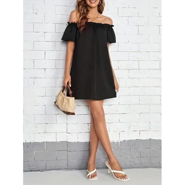 Kadın Kısa Kollu Fırfır Detay Madonna Yaka Mini Ithal Krep Elbise