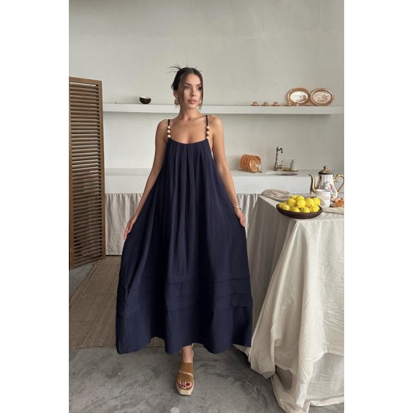 Lacivert Askılı Müslin Elbise