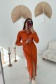 Oranj Boydan Düğmeli Deri Elbise