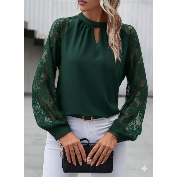 Kadın Uzun Dantel Kollu Yuvarlak Yakalı Sandy Bluz