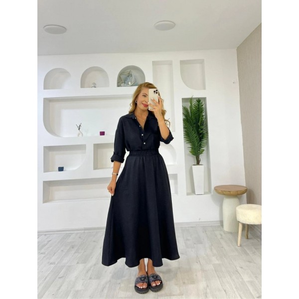 Kadın Keten Kumaş Gömlek Ve Etek Ikili Takim