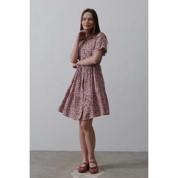 Baskılı Keten Elbise - Lila