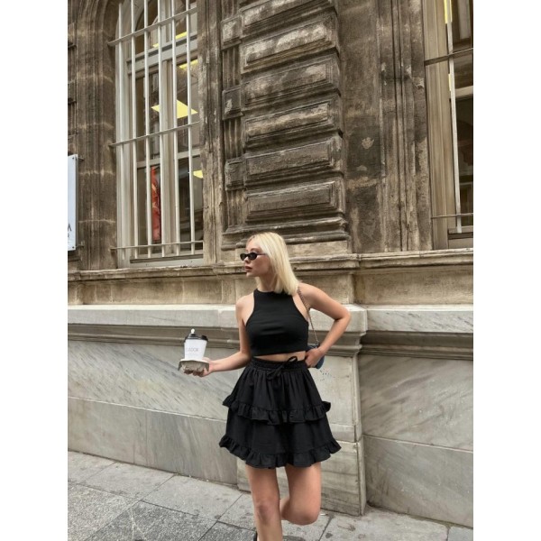 BEL LASTİKLİ KAT FIRFIR DETAYLI KISA ETEK - Siyah
