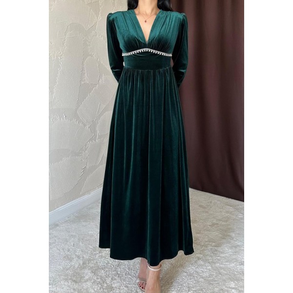 Zümrüt Göğüs Altı Taşlı Elbise