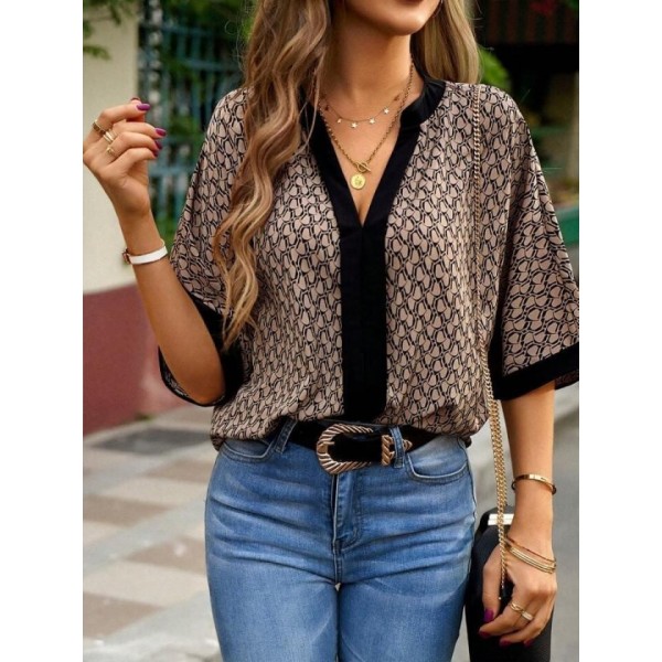 Kadın Kısa Kollu önden şerit Detaylı Desenli Sandy Bluz