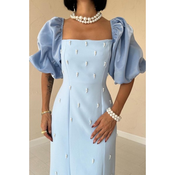 Bebe Mavi İşlemeli Kolu Garnili Elbise