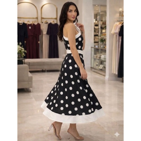 Kadın Omuz Dekolteli Fiyonk Ve Puantiye Detay Maxi Boy Elbise