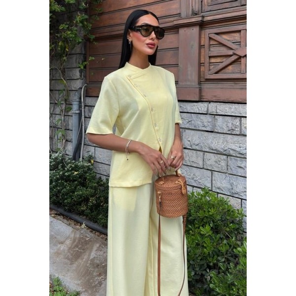 Hakim Yaka Çapraz Düğmeli Plazzo Pantolon Viscon Keten Takım 10209