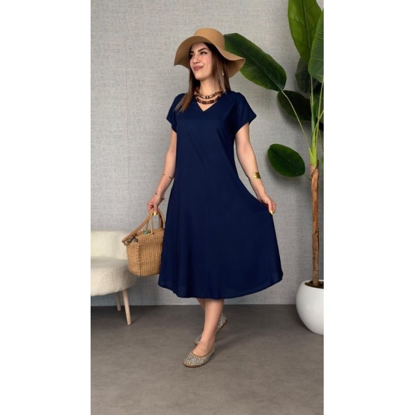 Kadın Kısa Kollu V Yaka Salaş Maxi Boy Elbise