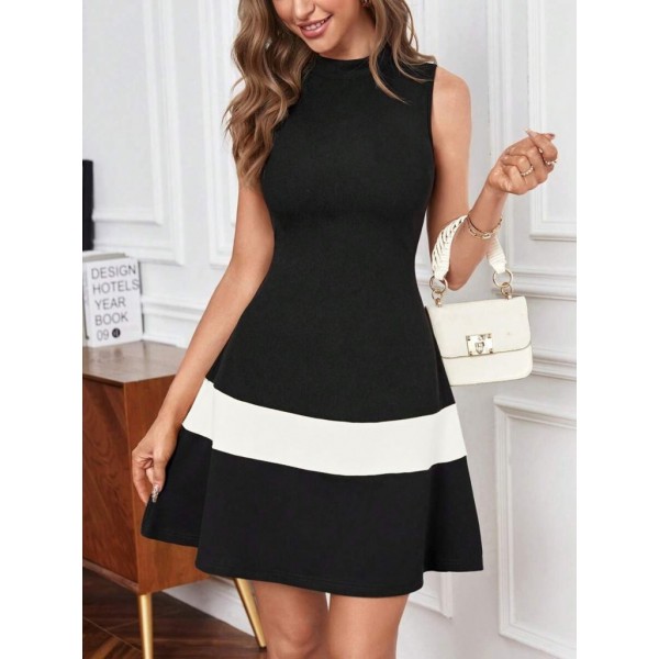 Kadın Sıfır Kol Yarı Balıkçı Yaka şerit Detaylı Ithal Krep Elbise