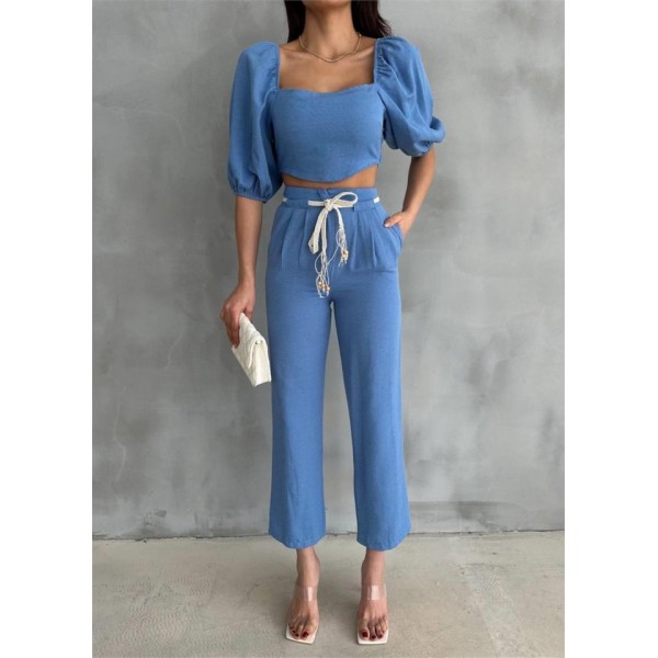 KETEN CROP KARPUZ KOL BLUZ-PANTOLON HASIR KEMERLİ - Mavi