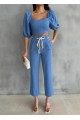KETEN CROP KARPUZ KOL BLUZ-PANTOLON HASIR KEMERLİ - Mavi