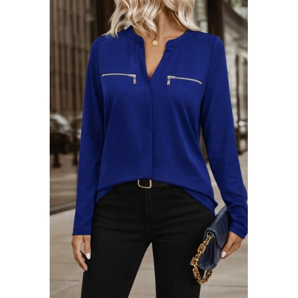 Kadın Uzun Kollu V Hakim Yaka Fermuar Detaylı Viskon Bluz