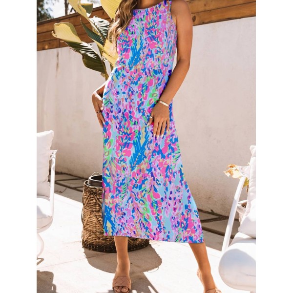 Kadın Askılı Yuvarlak Yaka Yandan Yırtmaçlı Uzun Süprem Elbise