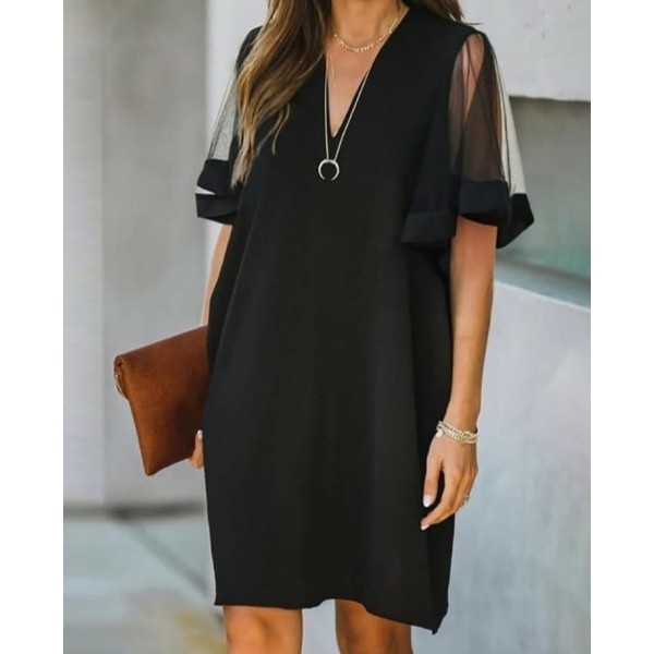 Kadın Tüllü Kısa Kollu V Yaka Krep Elbise