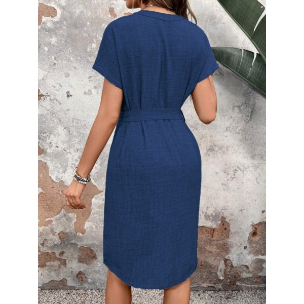 Kadın Kısa Kollu V Hakim Yaka Belden Kuşaklı Valencia Elbise