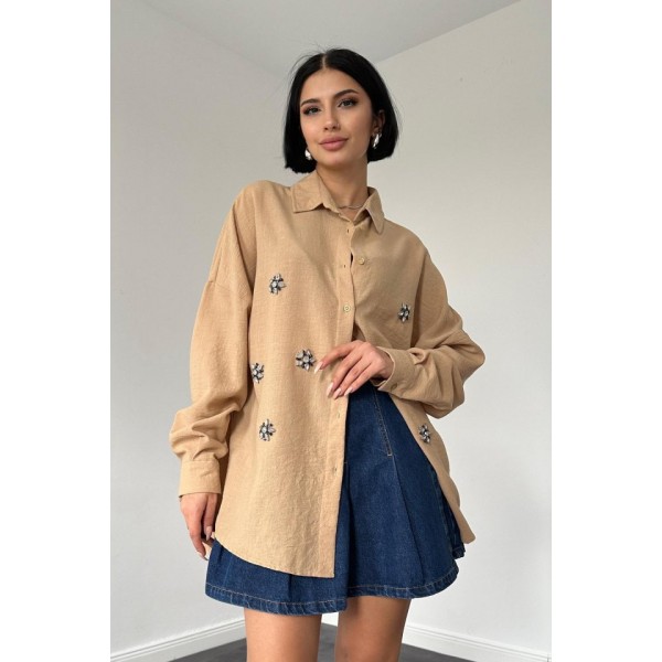 Bej Taş İşlemeli Gömlek