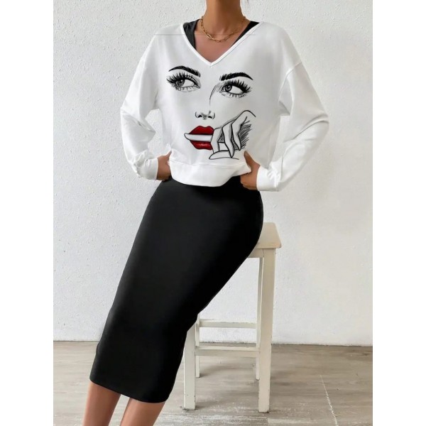 Kadın Askılı Yuvarlak Yaka Viskon Iki Iplik Elbise Ve V Yakalı Bluz Ikili Takım