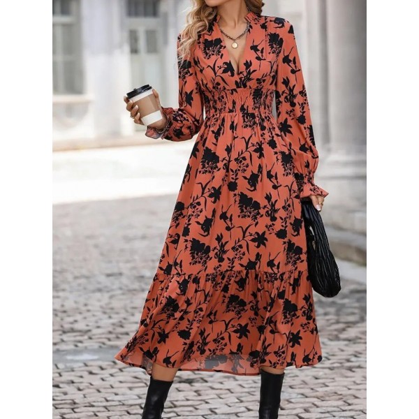 Kadın Uzun Kollu Kruvaze Yakalı çiçek Desenli Maksi Süprem Elbise