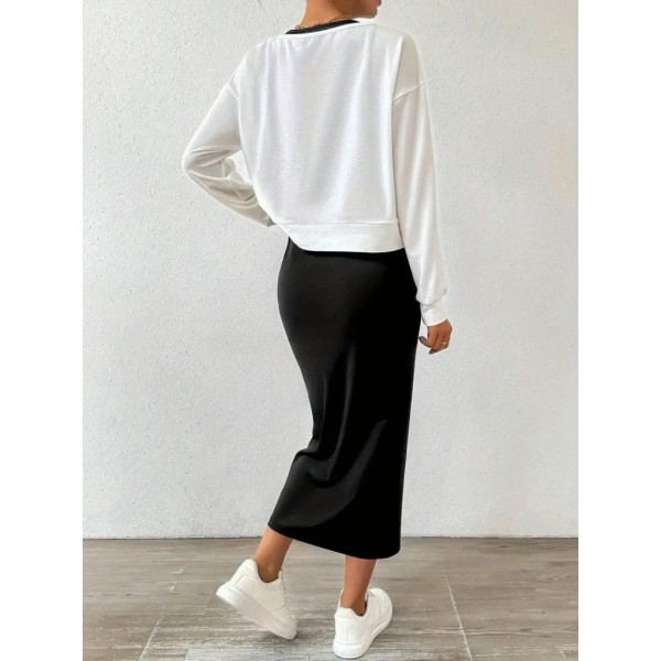 Kadın Askılı Yuvarlak Yaka Viskon Iki Iplik Elbise Ve V Yakalı Bluz Ikili Takım