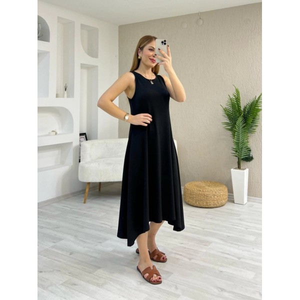 Kadın Askılı Yuvarlak Yakalı Asimetrik Kesim Detaylı Viskon Elbise