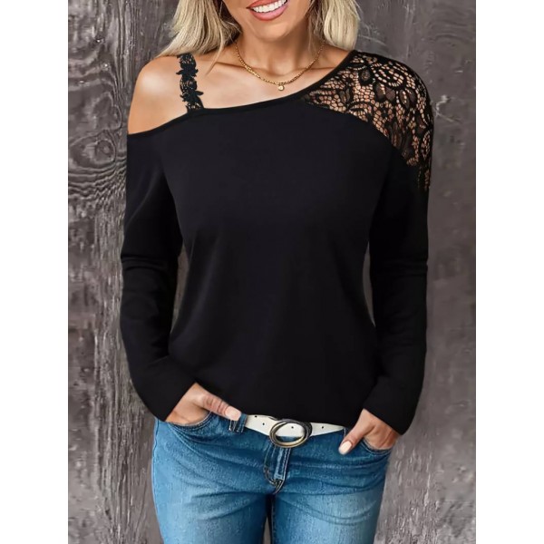 Kadın Tek Omuzu Açık Askılı Dantelli Viskon Bluz