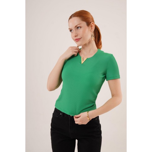Kısa Kollu Yaka Detaylı Kaşkorse Yeşil Bluz