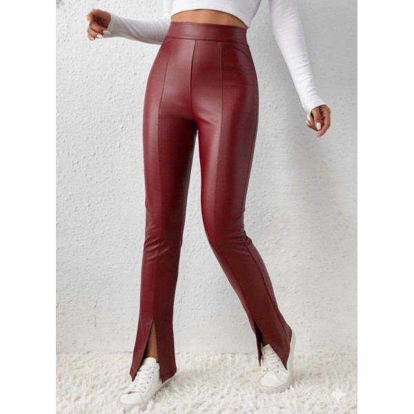 Kadın Yüksek Bel önden Yırtmaçlı Deri Tayt